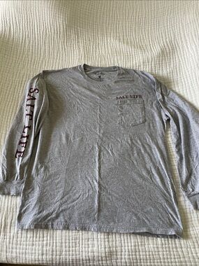 Salt Life Long Sleeve Pocket Tee in Heather Gray with Maroon Logos